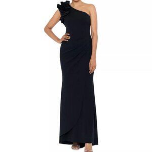 Xscape Black Ruffle Off the Shoulder Scuba Crepe Gown
